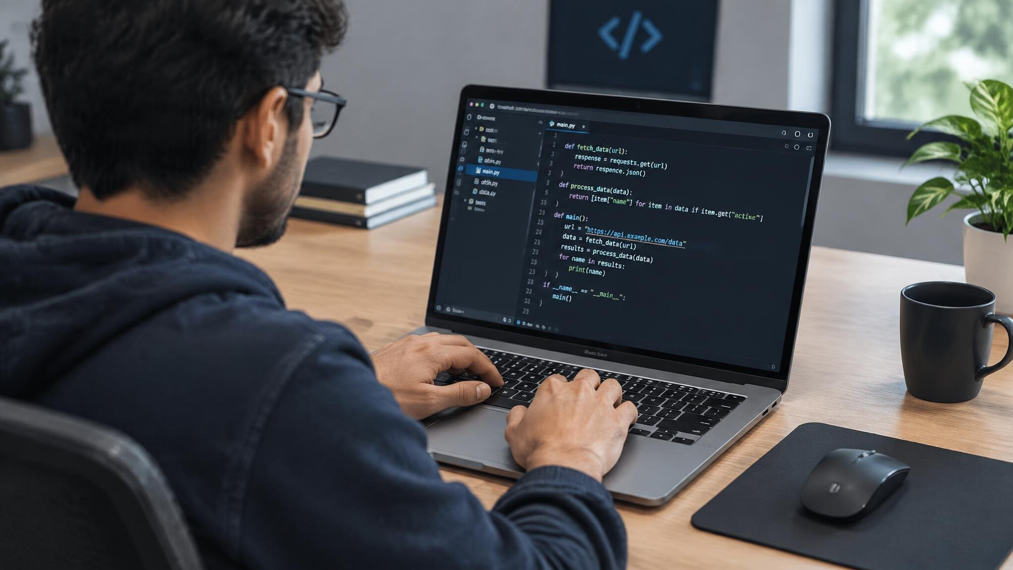 person coding on laptop