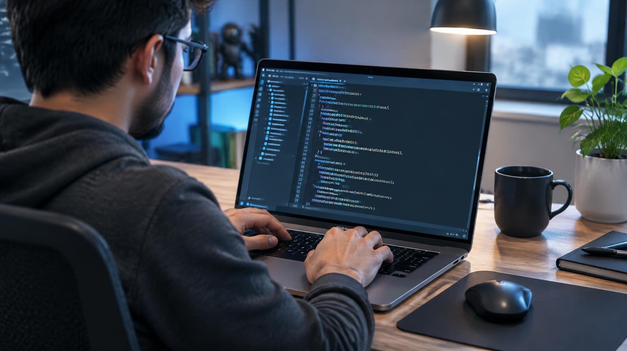 person coding on laptop