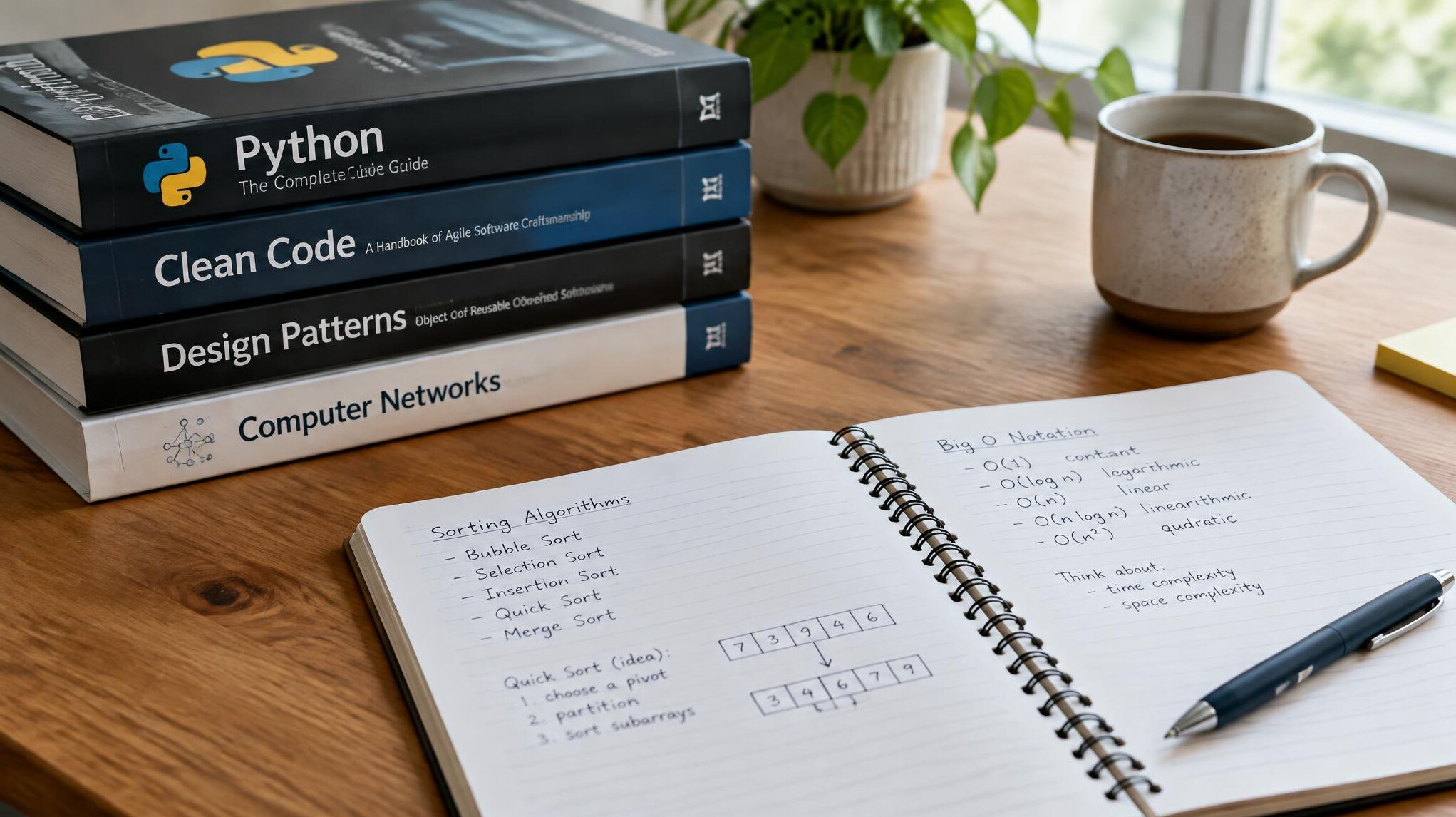 Stack of programming books with notebook and pen