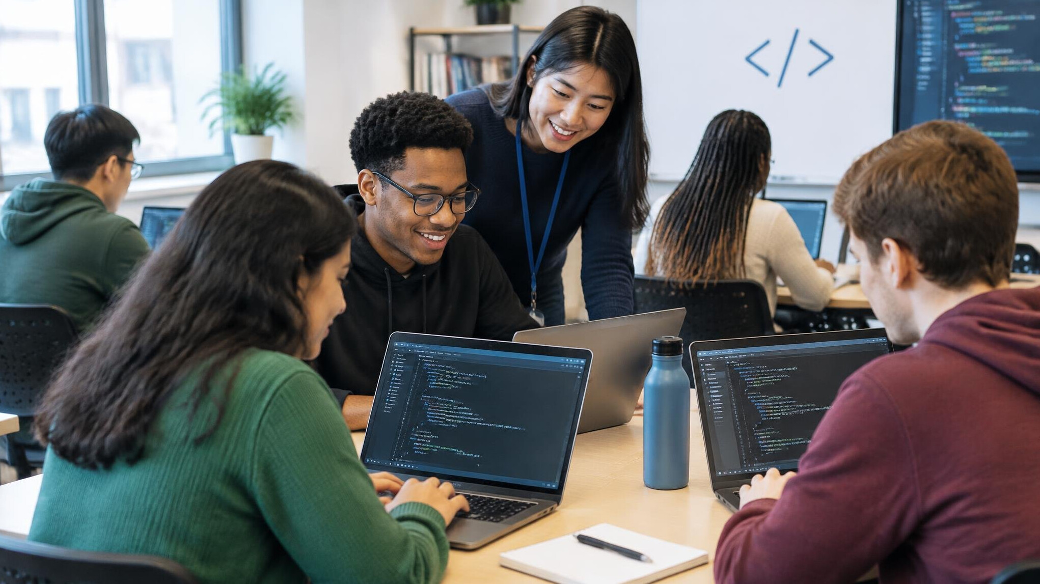 group of diverse students learning programming