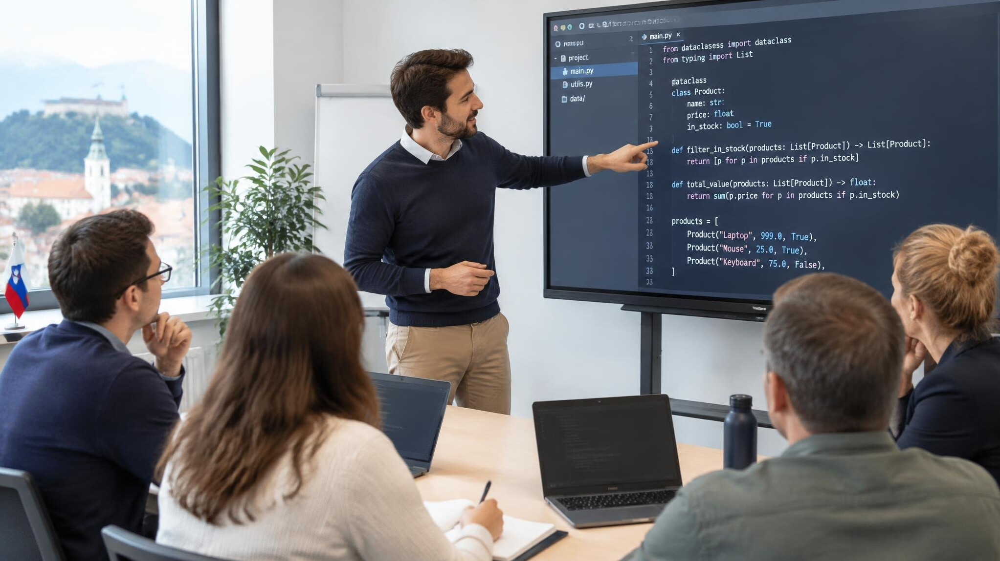 Instructor explaining programming code to students