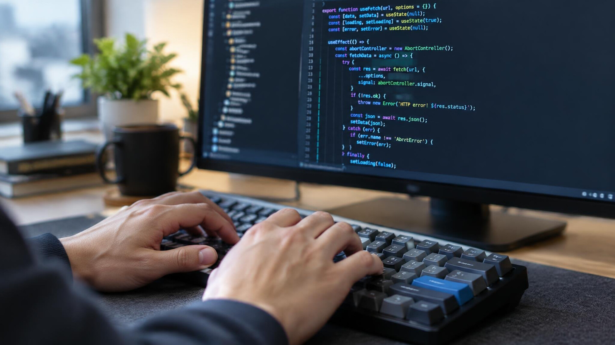 Hands typing on keyboard with code editor on screen