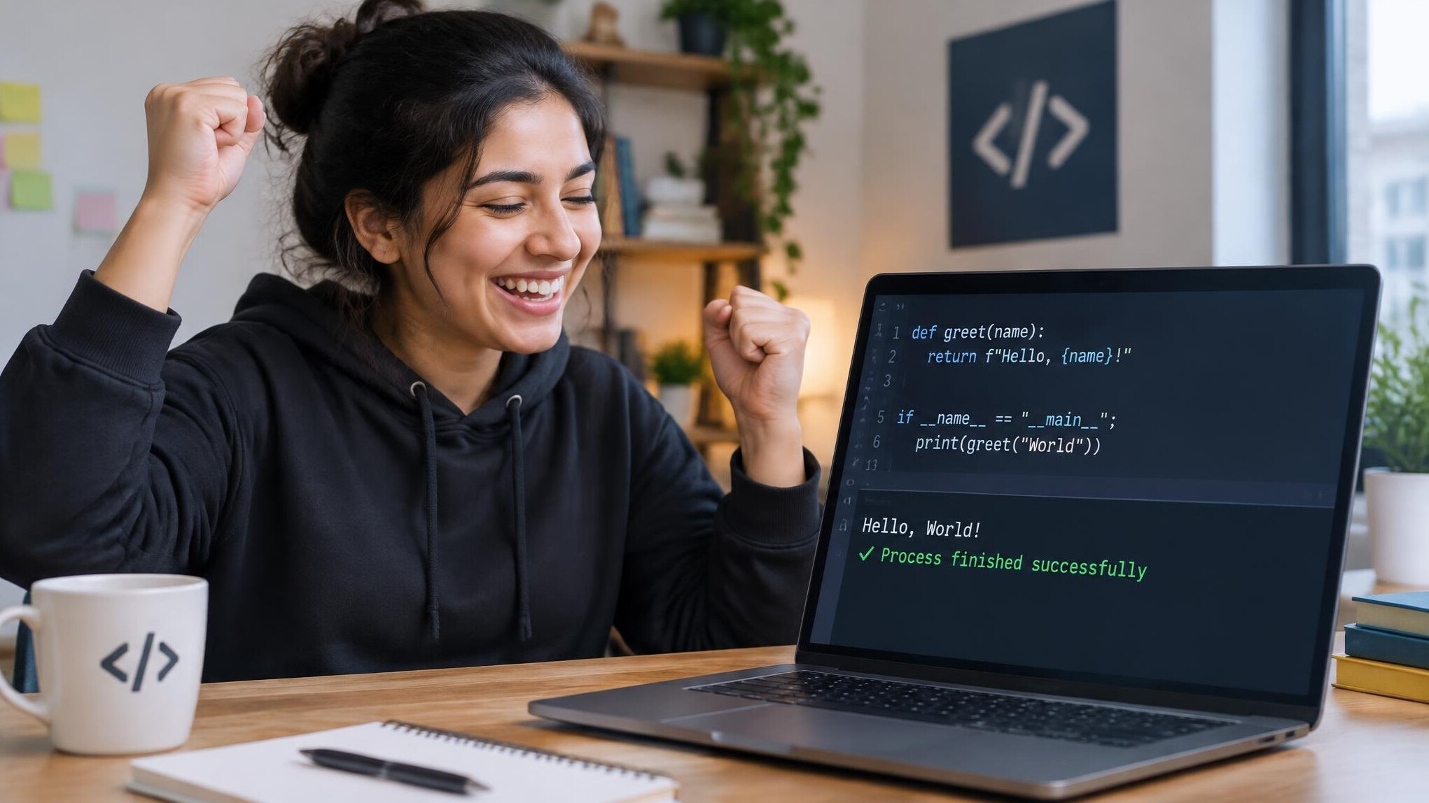 happy beginner coder celebrating