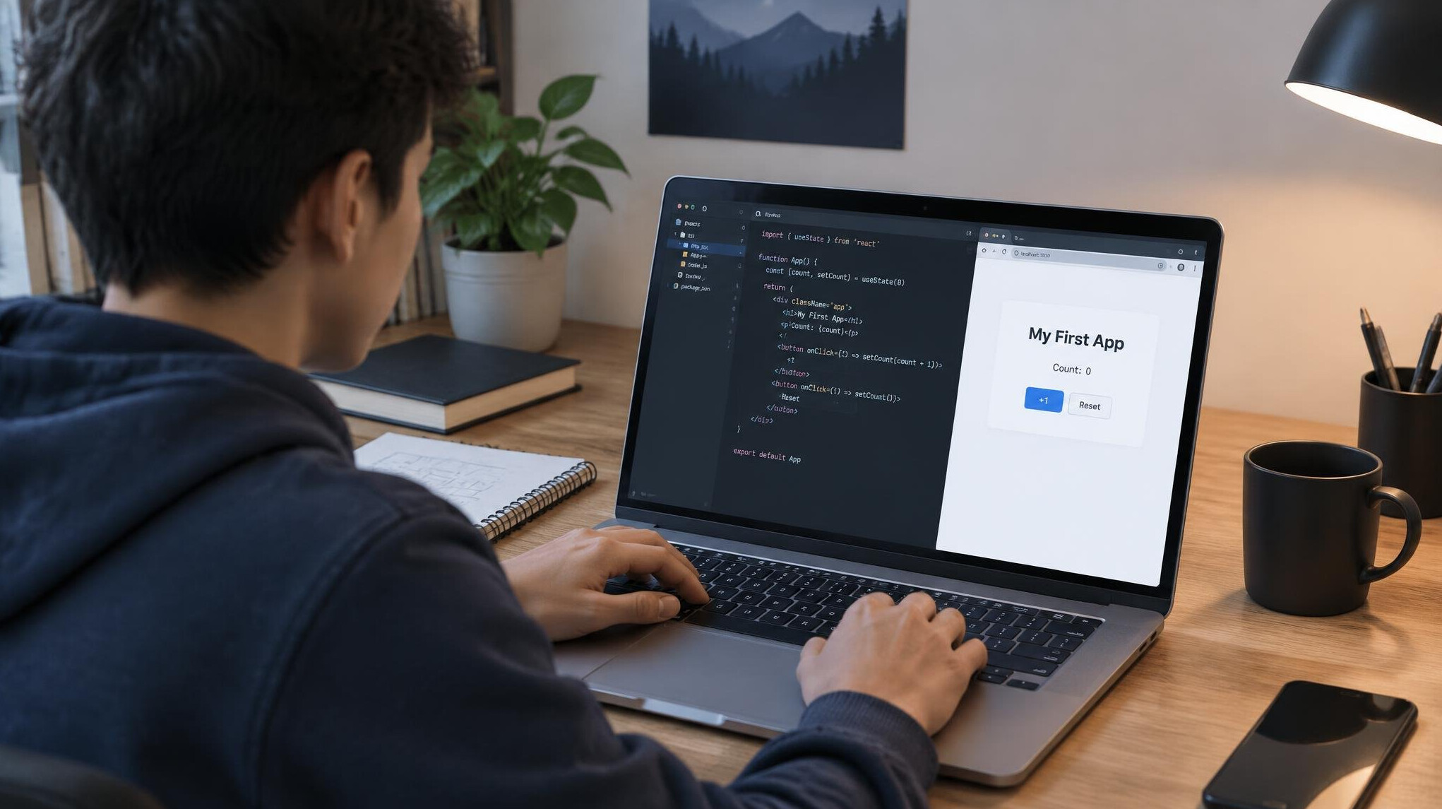 person building first coding project