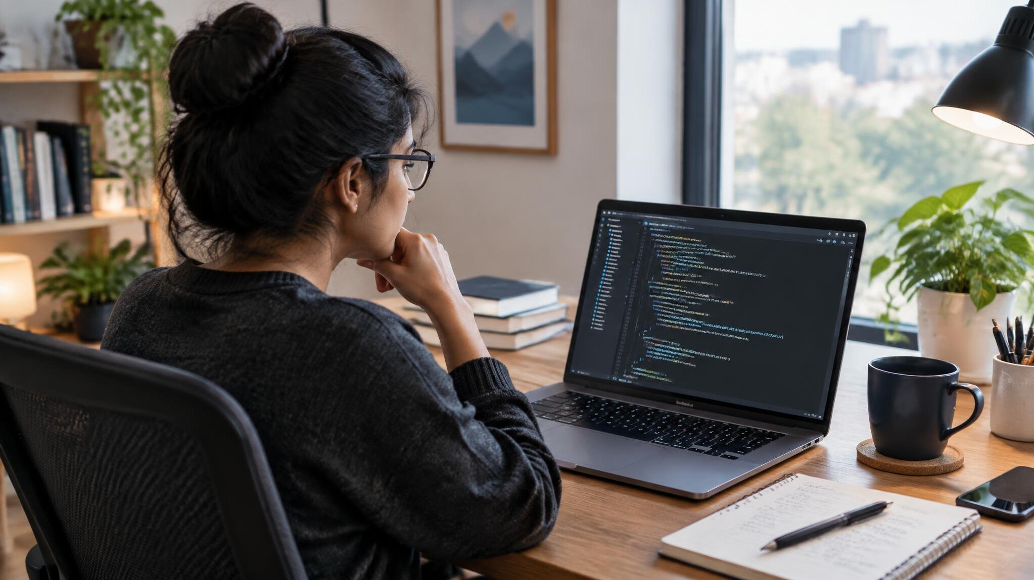 woman coding at home office