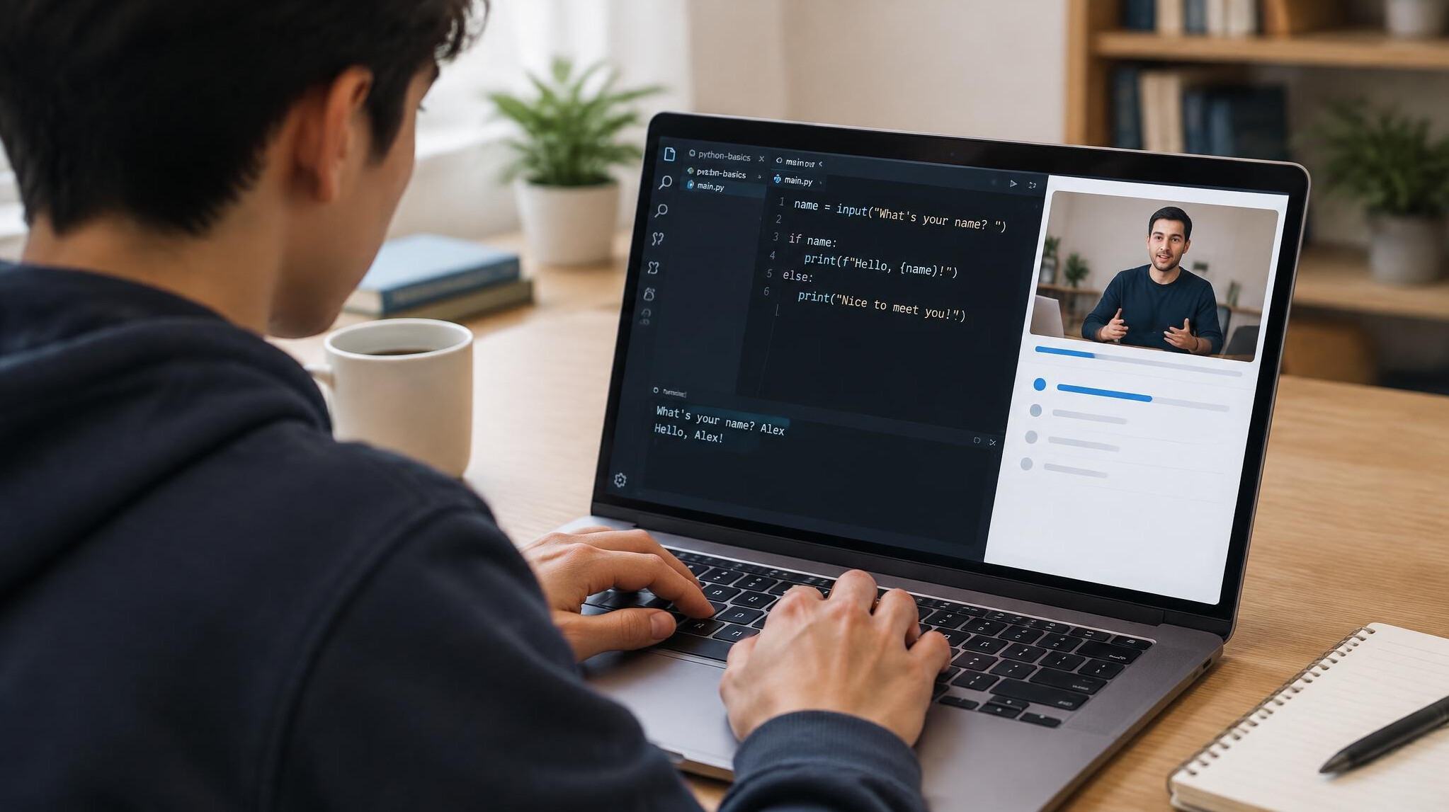 beginner learning to code on laptop