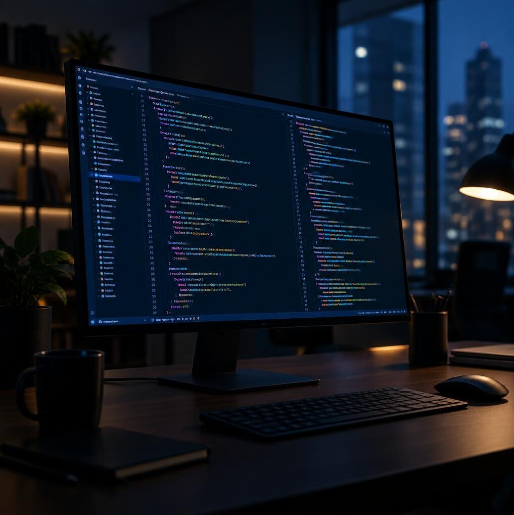 Rows of code displayed on a large monitor