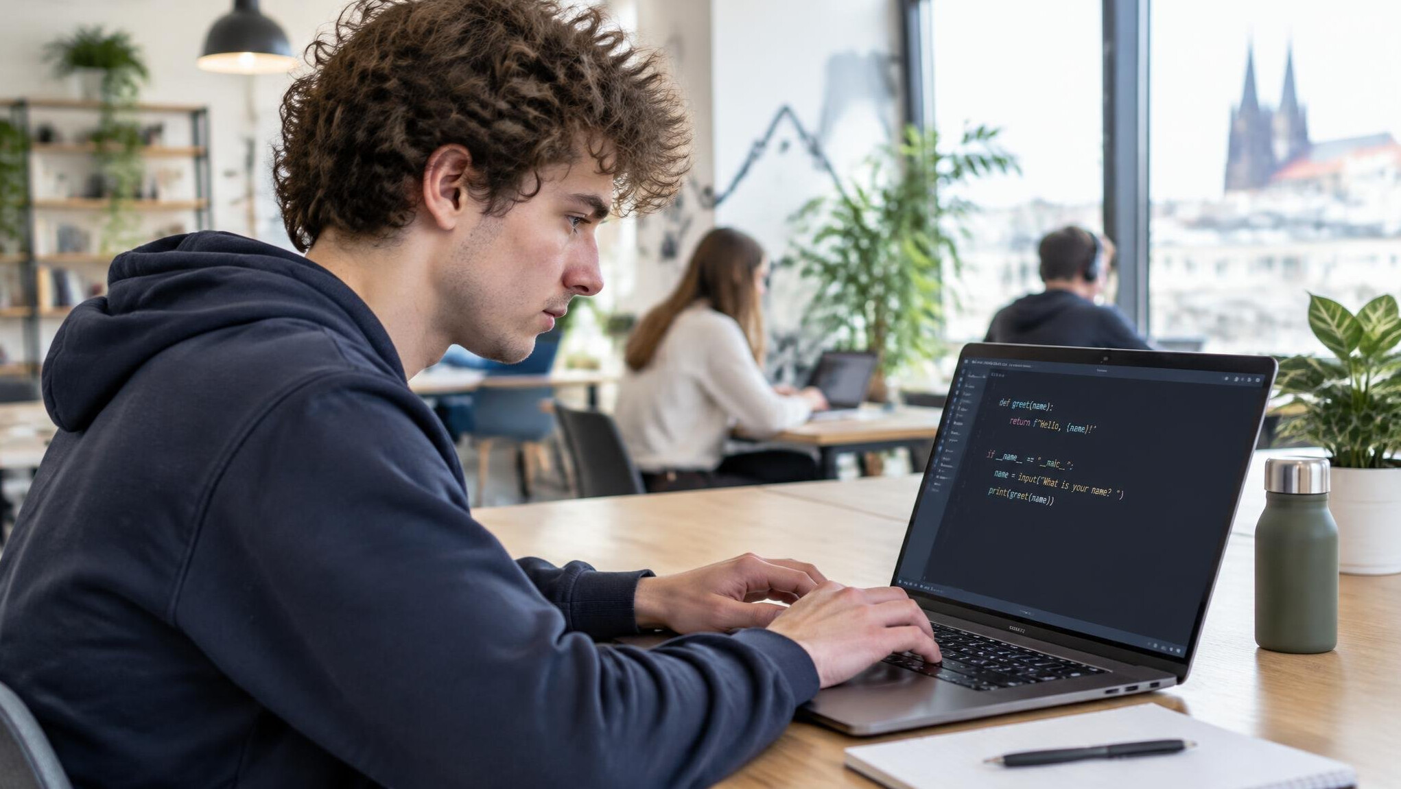 Student typing beginner programming code on a laptop