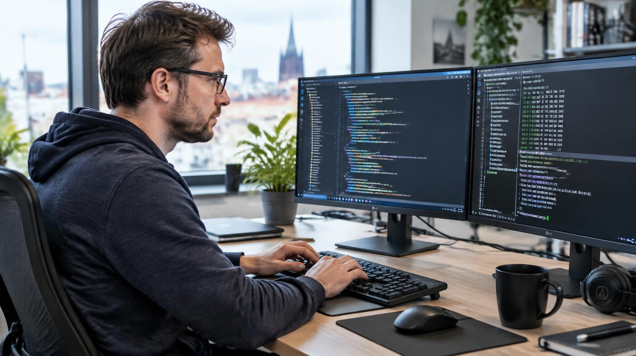 Developer working with dual monitors showing code